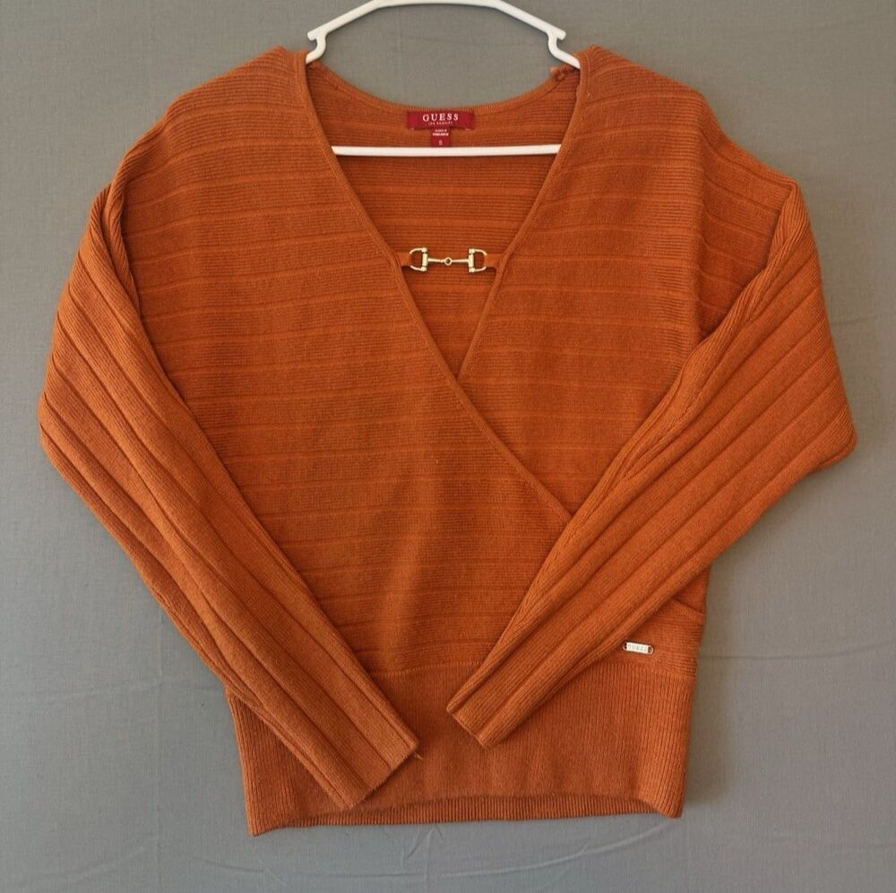 Women's Guess Orange Sweater with Gold Accent Stretch Size Small